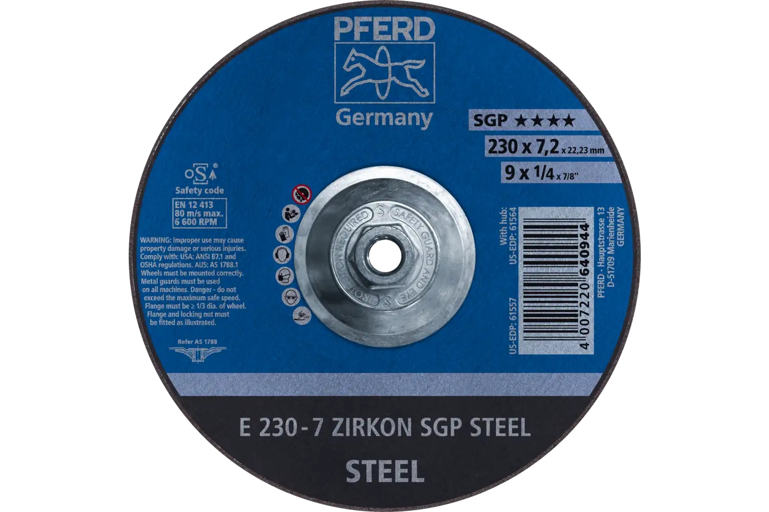 Picture of Pferd Grinding Wheel, 9" X 1/4 X 5/8-11, Sgp Zirkon Steel, T27, Ao, Sic